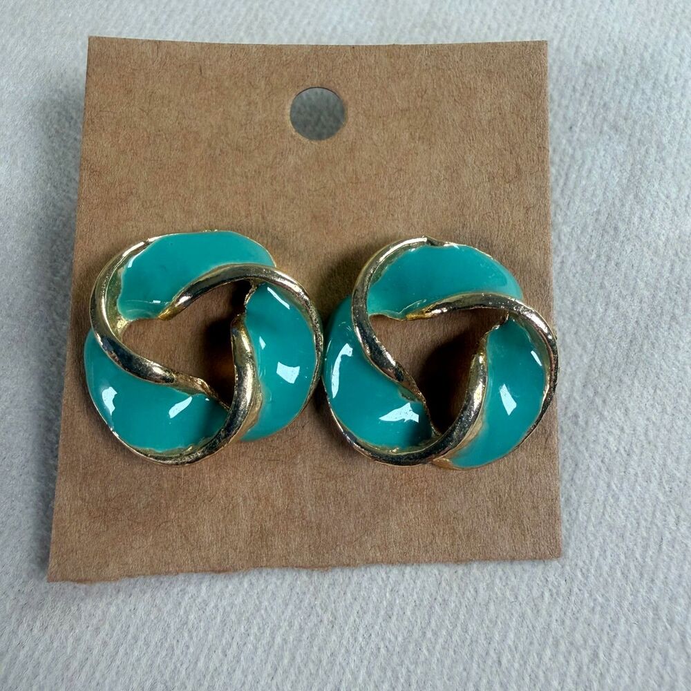 Vintage Teal Enamel Gold Tone Twisted Knot Circle Post Earrings Statement Retro - Picture 5 of 6